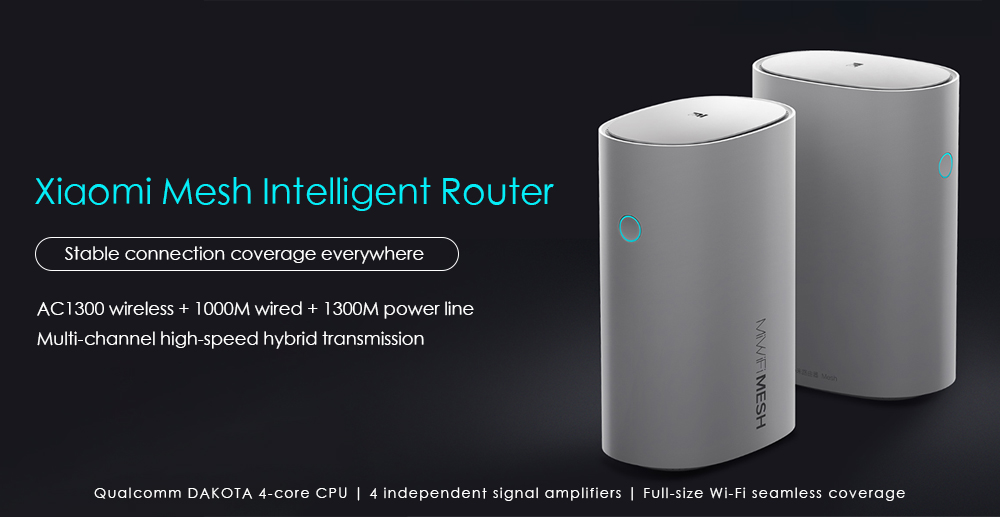 Xiaomi Mesh 2.4 + 5GHz WiFi Smart Router AC1300 + 1000M LAN + 1300M Power Line Qualcomm DAKOTA 4 Core 4 Signal Amplifiers - White